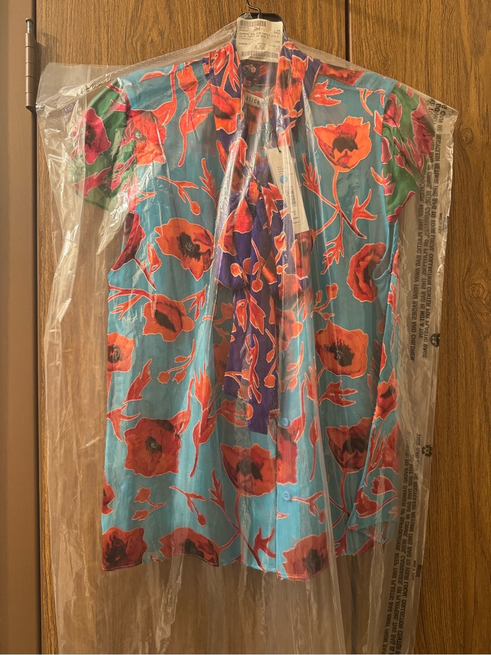 🌺NWT Alice + Olivia Jeannie Silk-Blend Bow Blouse Poppy Garden Bluebird Small🌺 - Picture 3 of 15